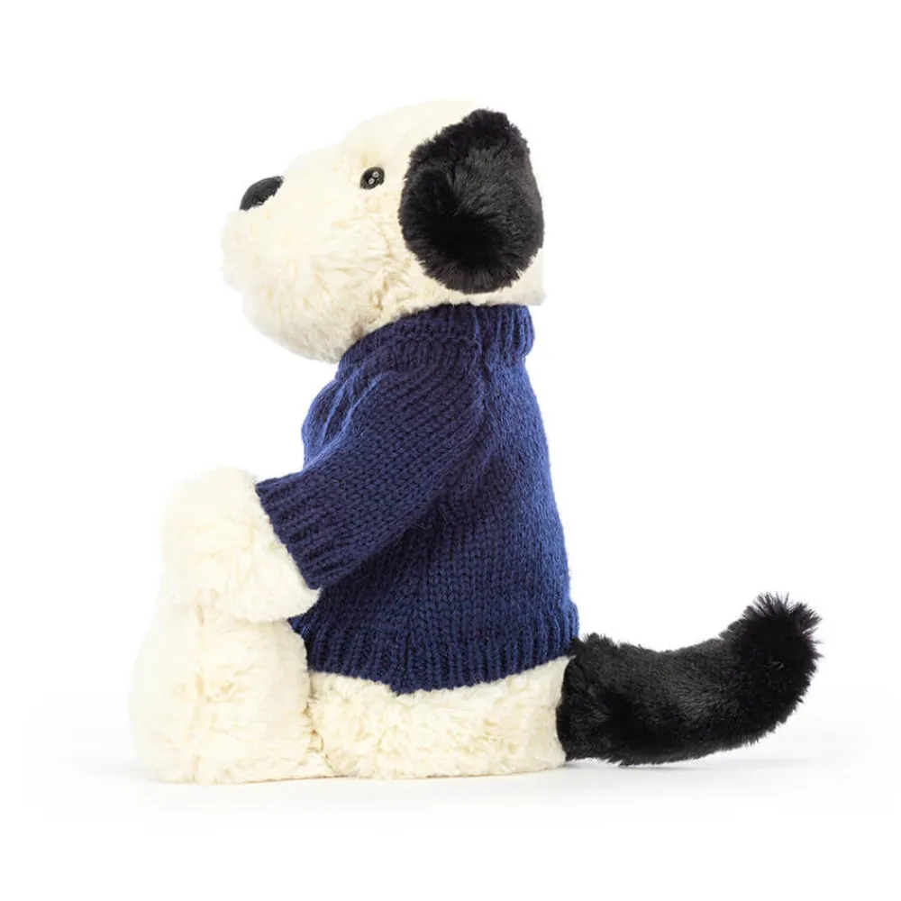 Jellycat Bashful Black & Cream Puppy with Personalised Navy Jumper