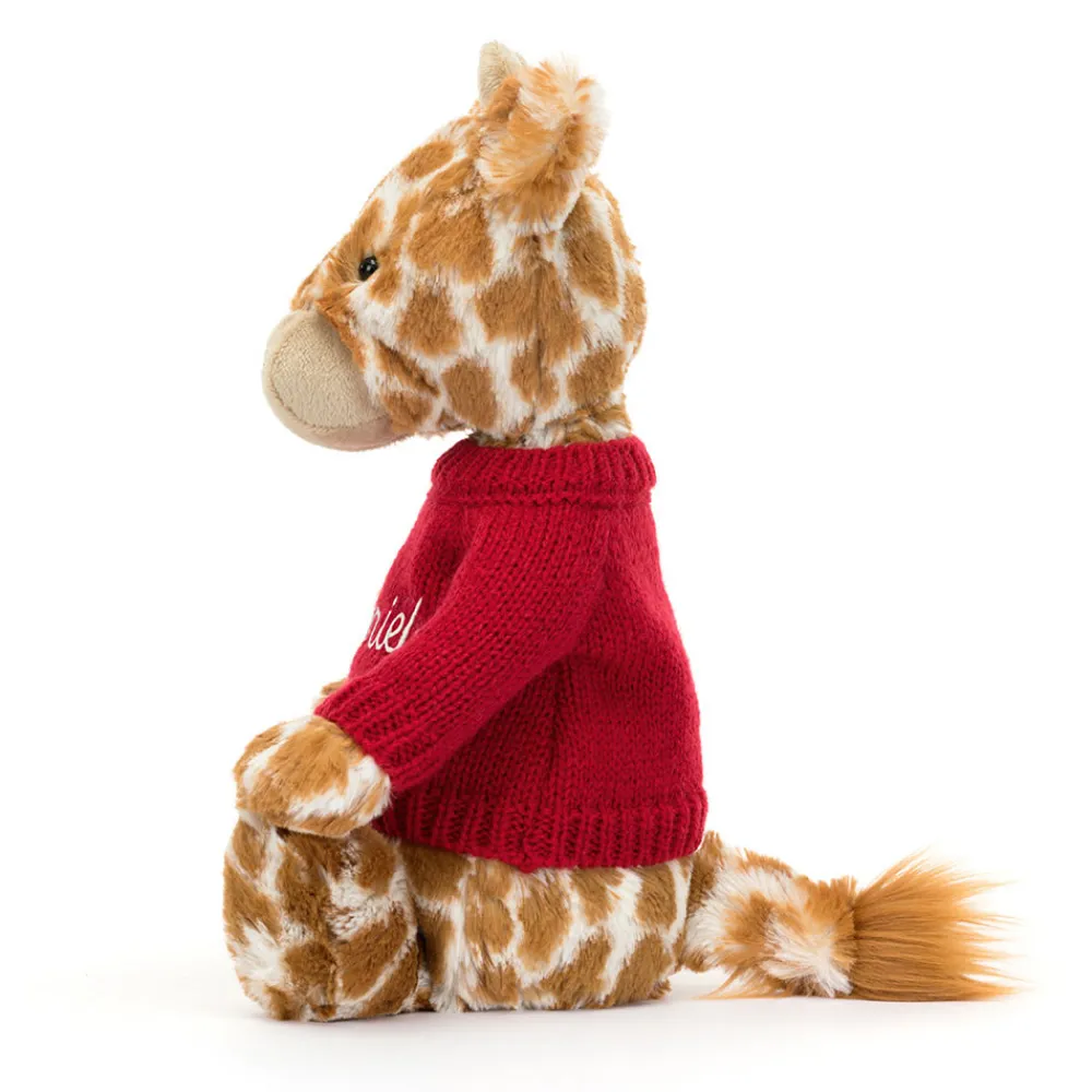 Jellycat Bashful Giraffe with Personalised Red Jumper
